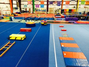 The gym includes pads, equipment, and a large foam pit